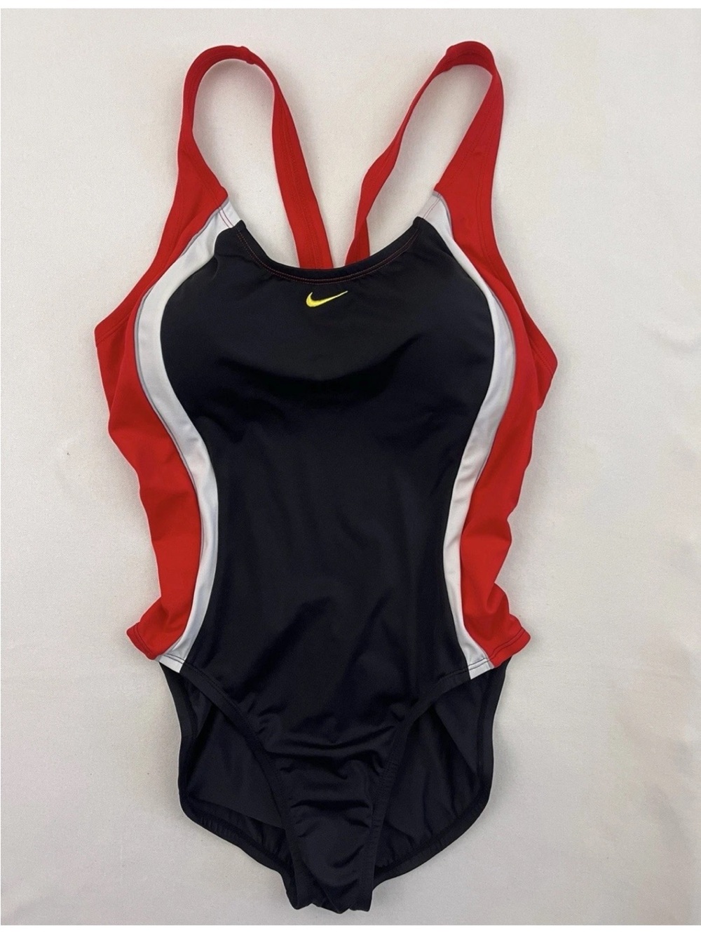 Nike One Piece Bathing Suit Womens 12 Black Red White Open Back Swimwear Sporty